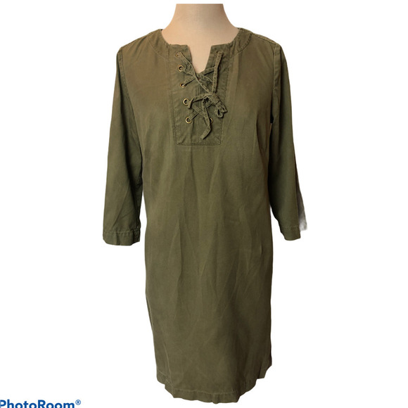 Talbots Ladies Army Green Dress Lace Up 3/4 Long Sleeve Petite Women's Size 6 - Picture 1 of 7